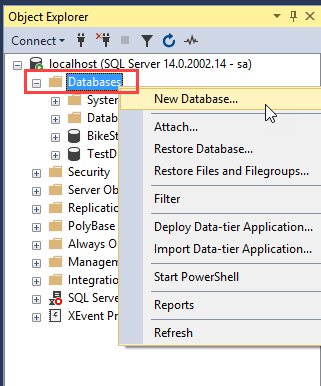 SQL Server CREATE DATABASE using SSMS step 1