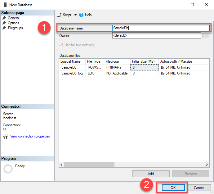 SQL Server CREATE DATABASE using SSMS step 2