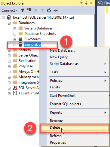 SQL Server DROP DATABASE step 1