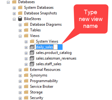 SQL Server Rename View Using SSMS - type new view name